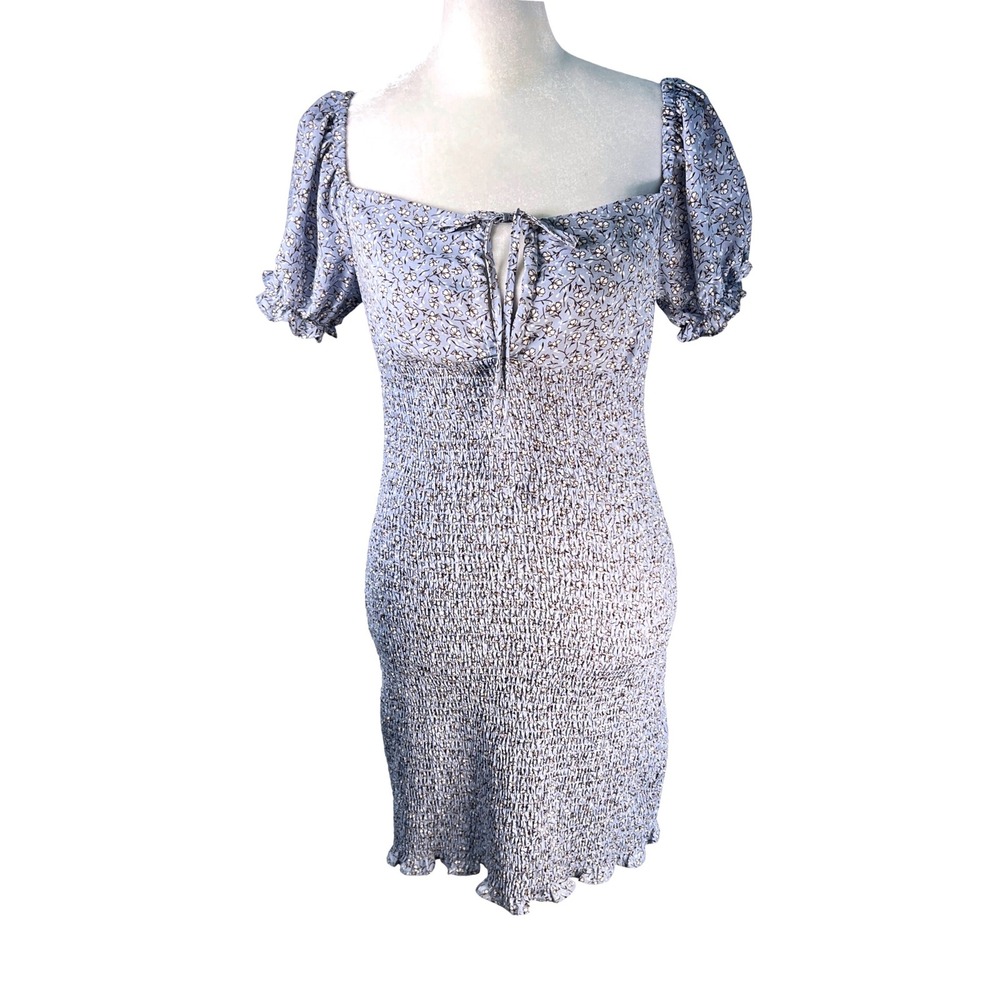 Blashe Blue Floral Smocked Mini Dress Puff Sleeve Tie Front Size Small Feminine